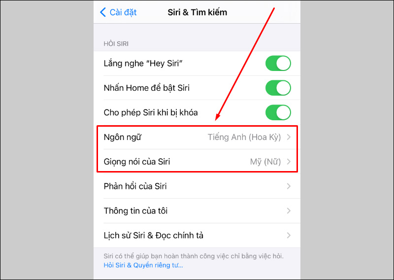 Thay đổi ngôn ngữ và giọng nói của Siri